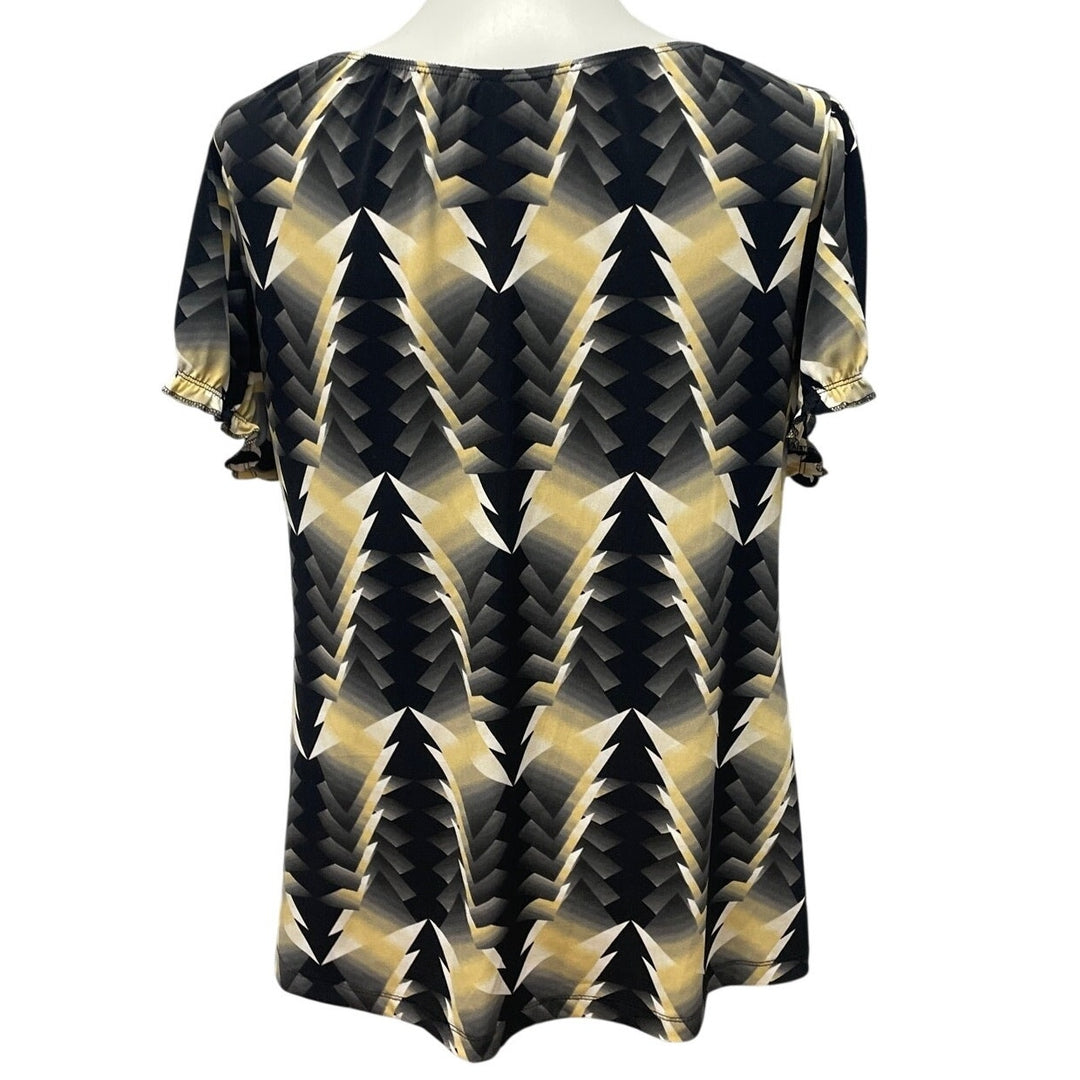 Worthington Woman 1X Short Sleeve Gathered V-Neck Geometric Elastic Arm Blouse