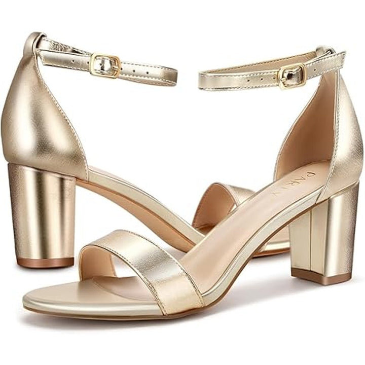 Party Womens Size 7 Shiny Gold Open Toe Ankle Strap 2.5" Block Heel Sandal Shoes