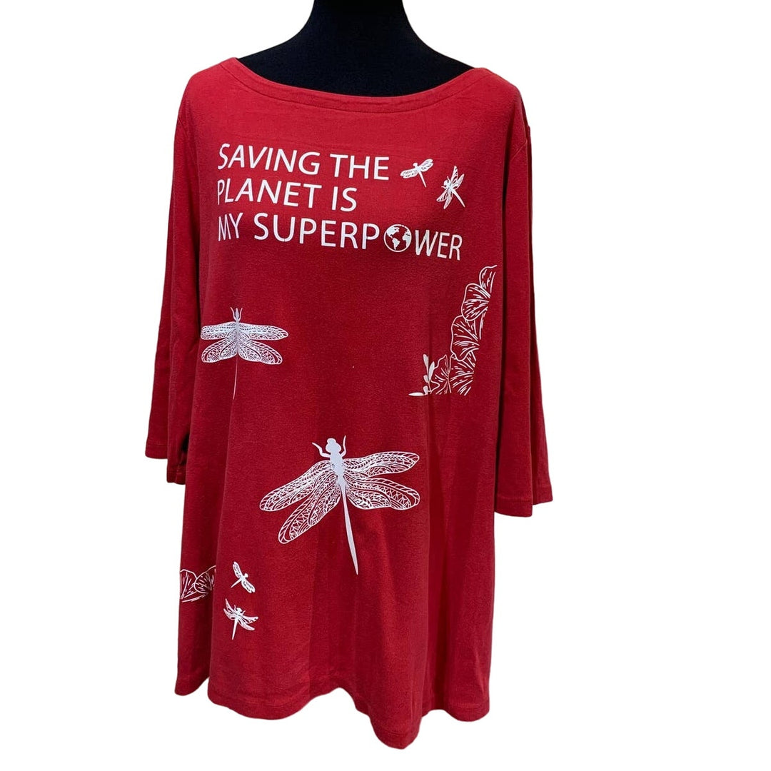 Hand Printed Upcycled Womens 2X Dragonfly Saving the Planet is My SuperpowerTee