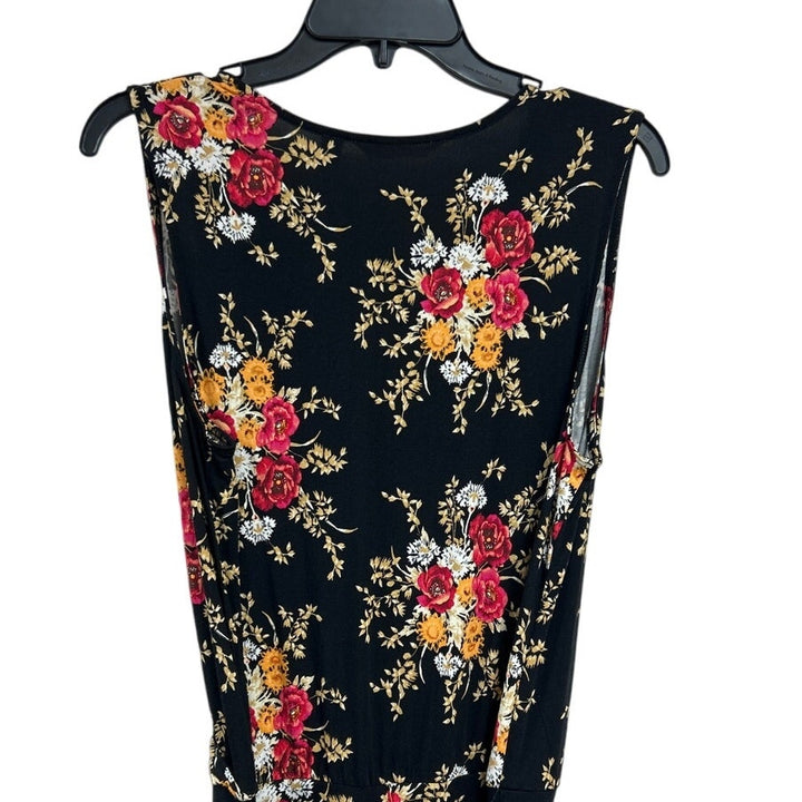 Laurie Felt Womens Medium Black Deep V Floral Sleeveless Jumpsuit w Tie Belt