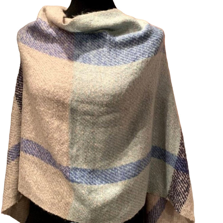 Handmade Upcycled 100% Acrylic Blue White Plaid Warm Fringed Poncho Wrap