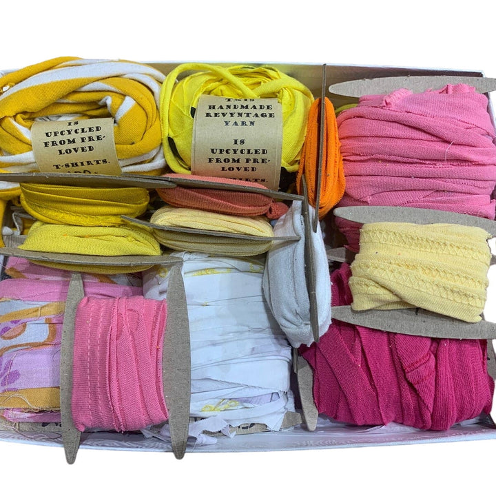 100 yds Handmade Upcycled T-Shirt Fabric Ribbon Yarn Sampler Pack Yellow Pink