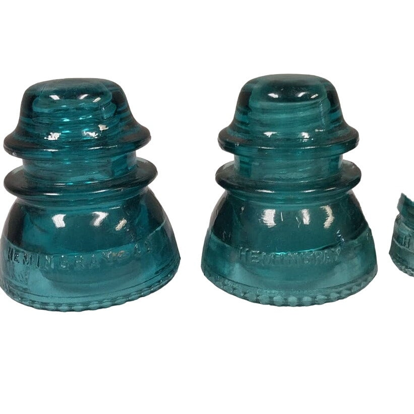 Set of 3 Vintage 1898 Hemingray 42 Heavy Clear Made In USA Blue Glass Insulators