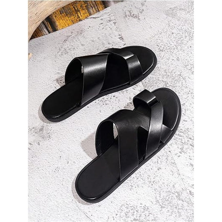 New Gorglitter Mens Size 10 Black Faux Leather Thong Flip Flop Flat Sandal Shoes