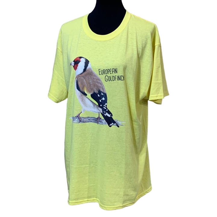New Hand Printed Mens Large European Goldfinch Ukraine Artist Fundraiser Tee