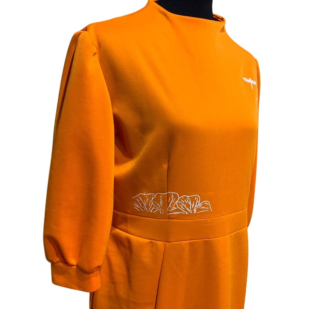 Vintage Hand Printed XL Dragonfly Long Sleeve Polyester Orange Flutter Hem Dress