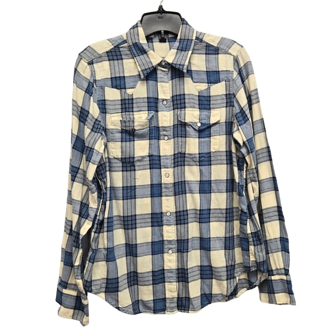 Chaps Mens Medium Cotton Long Sleeve Plaid Pearl Snap Up Shirt w Front Pocket