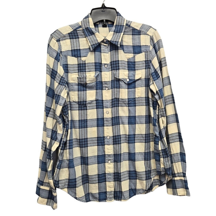 Chaps Mens Medium Cotton Long Sleeve Plaid Pearl Snap Up Shirt w Front Pocket