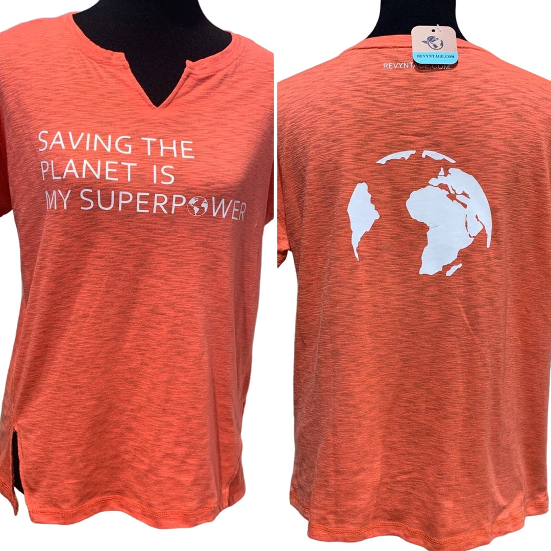 Hand Printed Upcycled Womens Medium Saving the Planet is My Superpower Tee