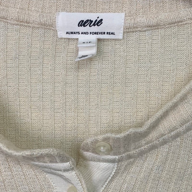 2 New Aerie Womens Small Cotton Blend Button Up Long Sleeve Crew Neck Tops