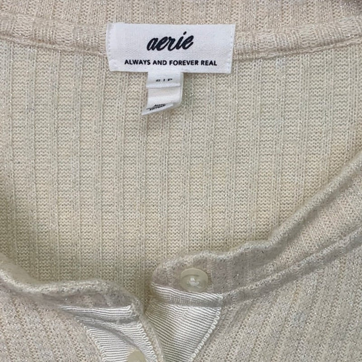 2 New Aerie Womens Small Cotton Blend Button Up Long Sleeve Crew Neck Tops