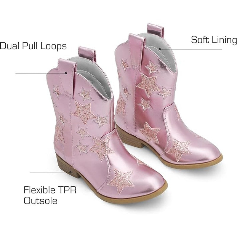 Dream Pairs Little Girls Size 2 Pink Glitter 1" Cowgirl Boots Pointed Toe Shoes