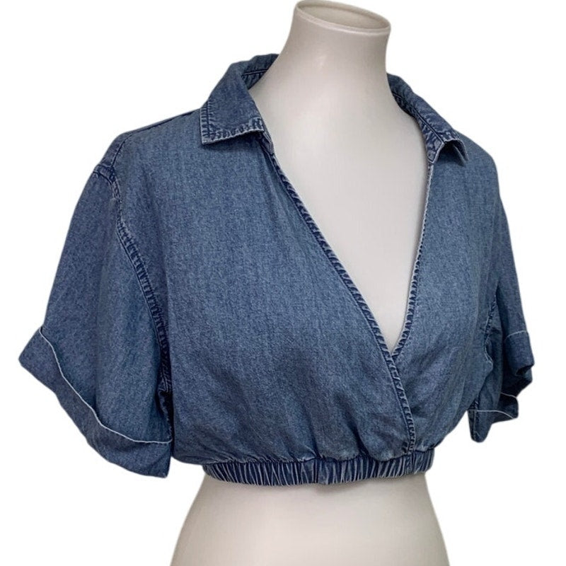 New Aerie Womens Small Short Sleeve Collared Deep V Neck Stretch Denim Top