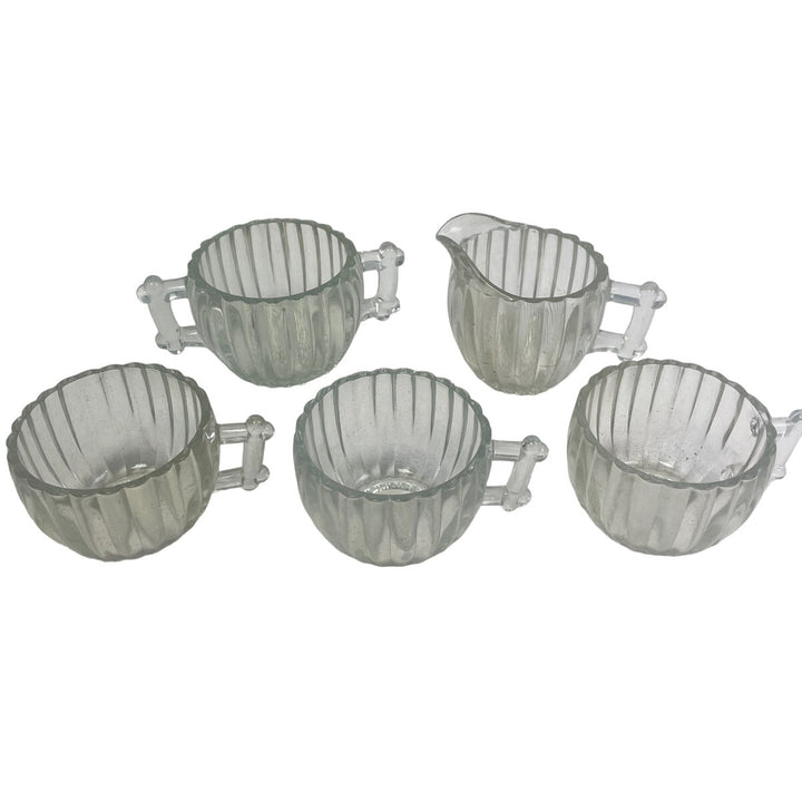 Vintage Clear Glass Striped Design 3 Coffee Tea Mug Creamer Sugar Bowl Set
