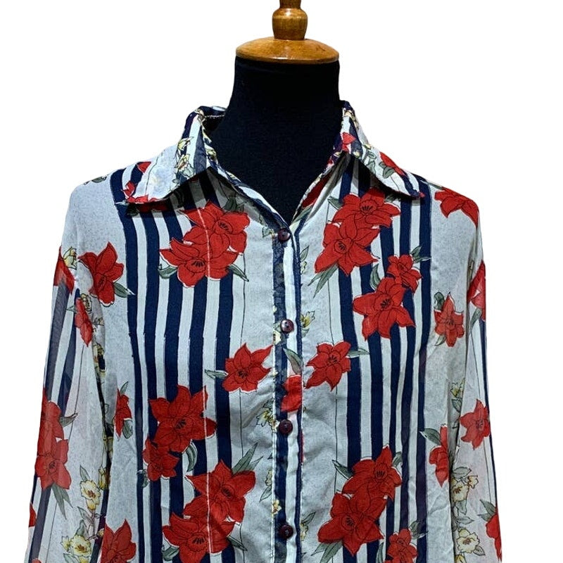 Vintage Karan Kollection Small Sheer Button Up Polyester Long Sleeve Blouse