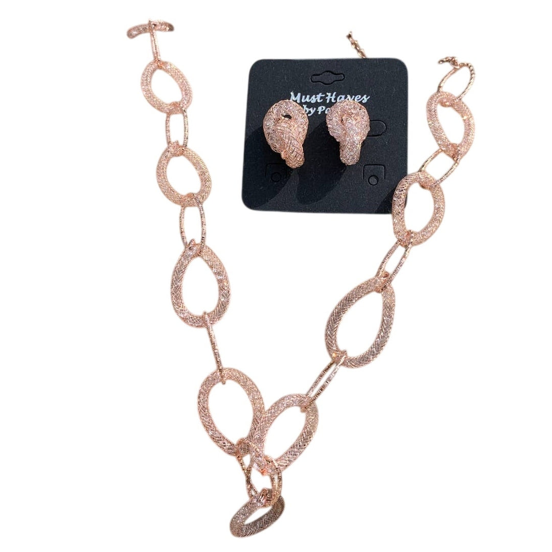 New Chain Link Earrings Necklace Rose Gold Wedding Jewelry Set in Red Gift Box