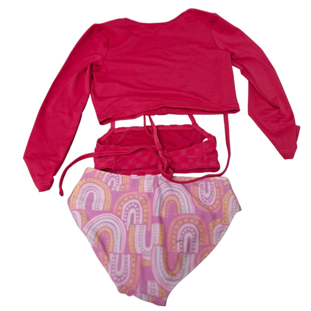 New Art Class Girls Small (6/7) Pink Rainbow 3PC Bikini Cover Top Swim Suit Set