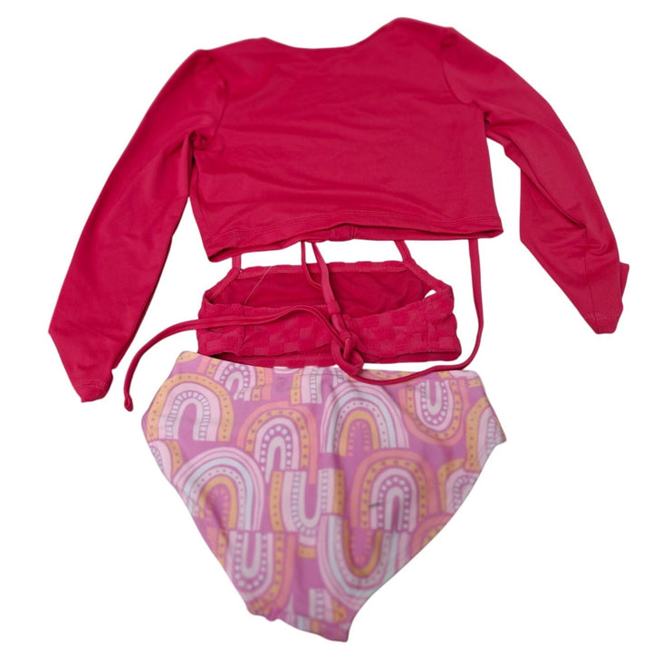 New Art Class Girls Small (6/7) Pink Rainbow 3PC Bikini Cover Top Swim Suit Set