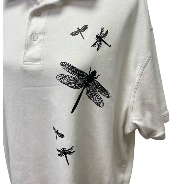 Hand Printed Upcycled Mens XL Tall Dragonfly 100% Cotton Short Sleeve Polo Shirt