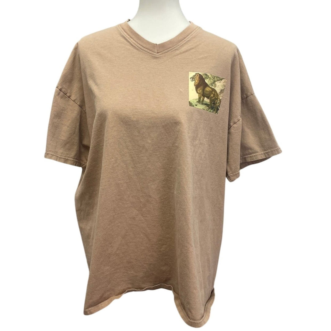Hand Printed Upcycled Mens XL Wild Lion Cotton Blend Short Sleeve V-Neck Tee