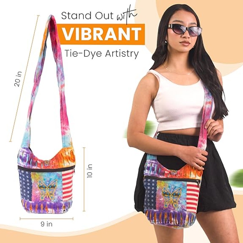 Laliguras Womens Boho Tie Dye Patch Work Button Zipper Close Crossbody Tote Bag