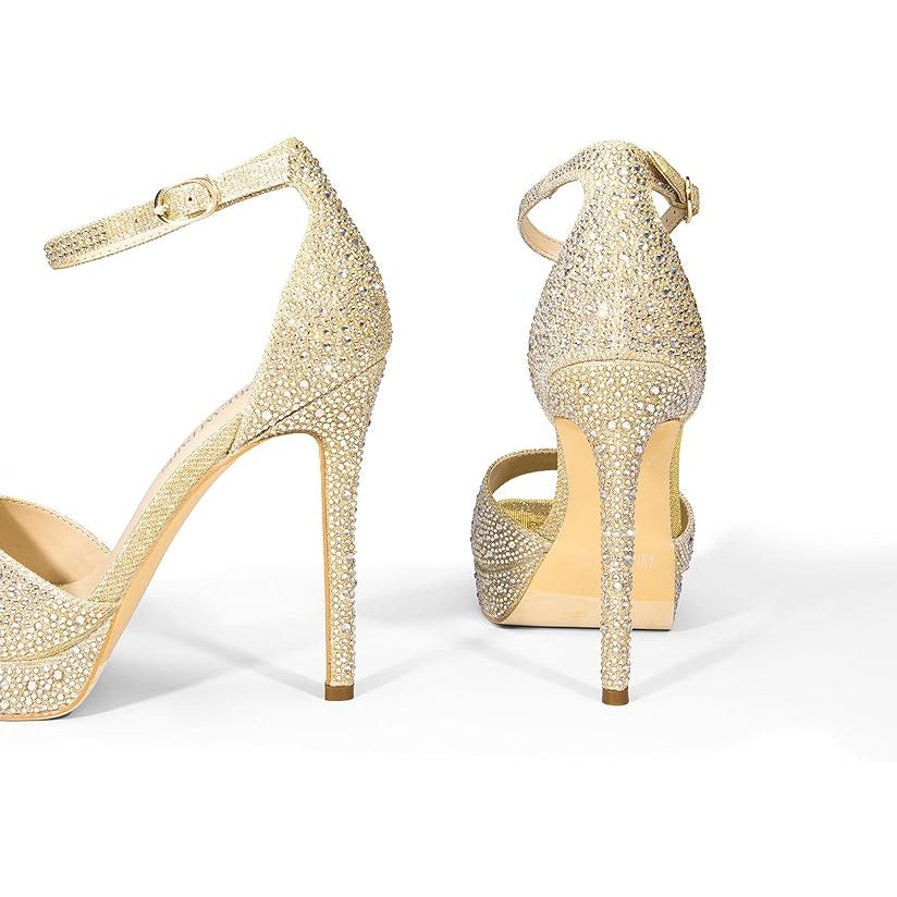Dream Pairs Womens 6 Gold Rhinestone 4.5" Heel Peep Square Toe Ankle Strap Shoes
