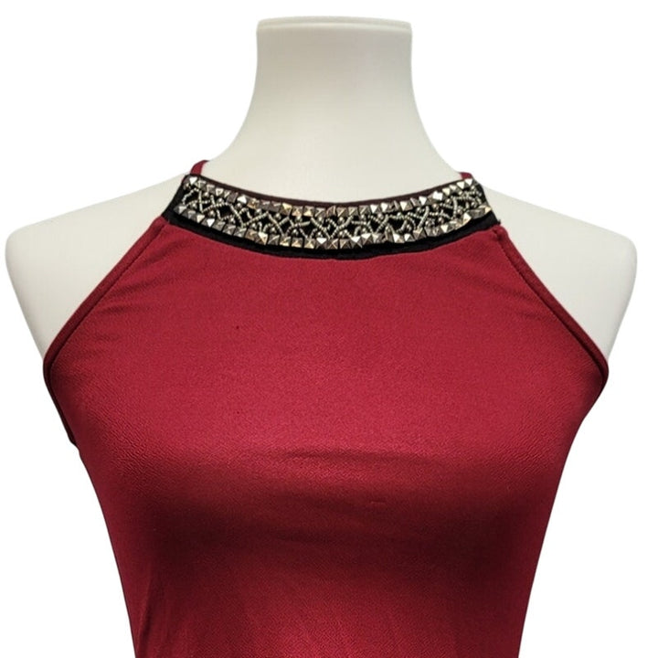 Miss Chievous Womens Small Spaghetti Strap Beaded Neck Hi Low Peplum Top
