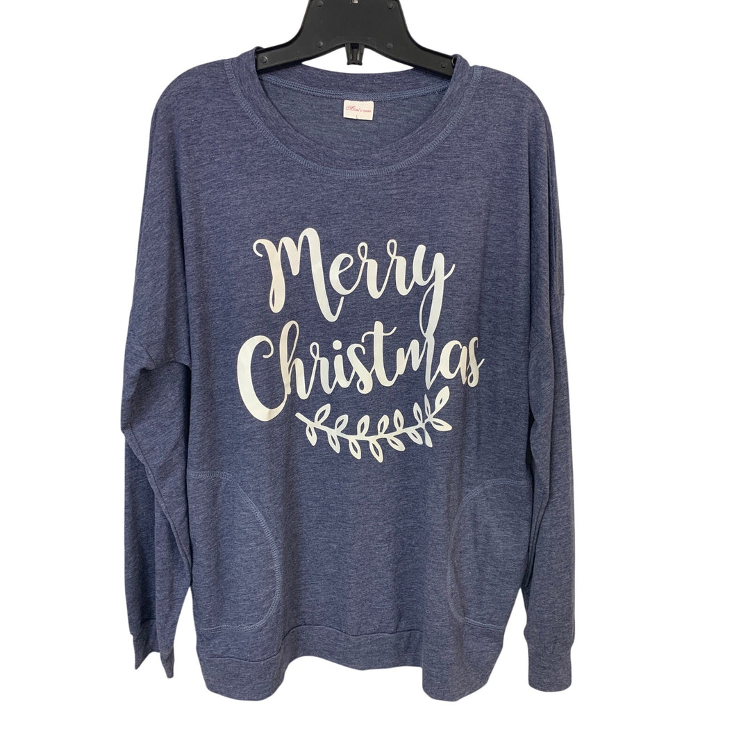 Upcycle Hand Printed Womens Large Merry Christmas Long Sleeve Tee Shirt