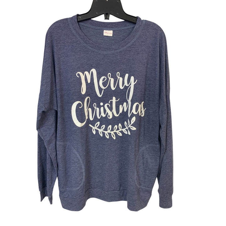 Upcycle Hand Printed Womens Large Merry Christmas Long Sleeve Tee Shirt