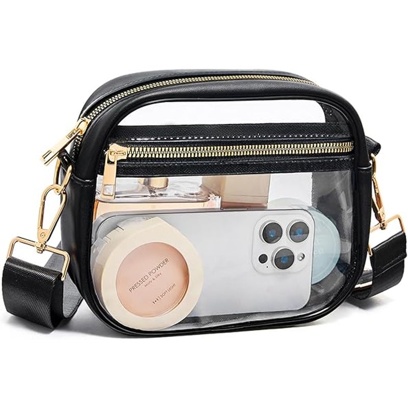 New Fibrdoo Black Faux Leather Trim Clear Stadium Approved Crossbody Purse Bag