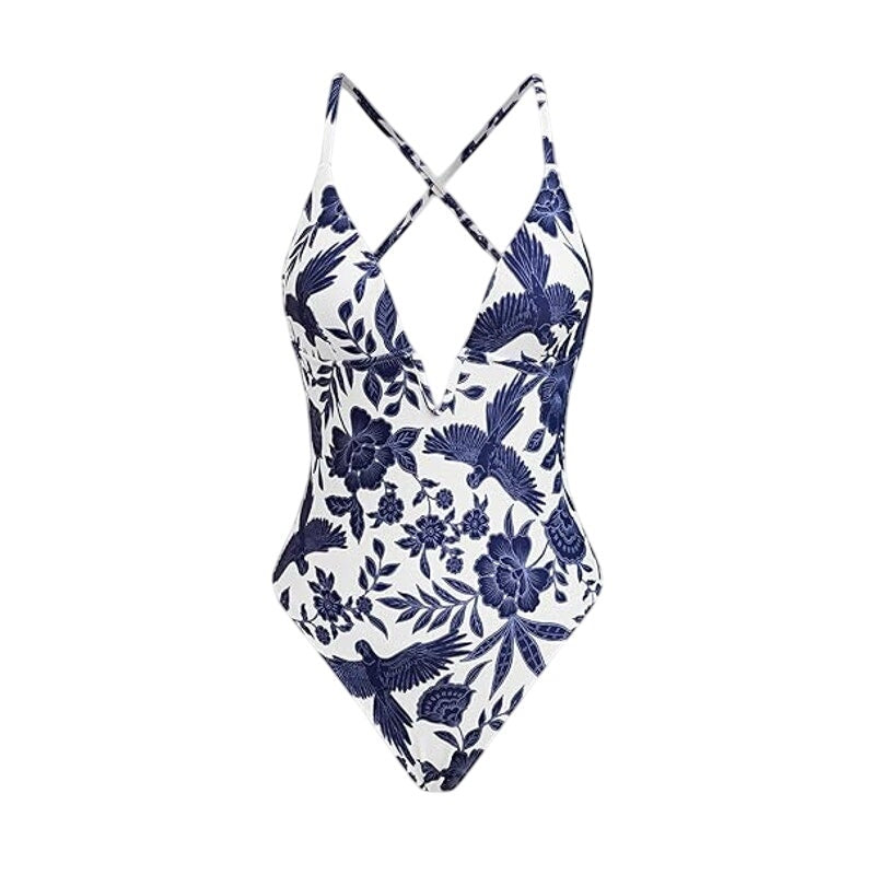 New Cupshe Womens Small Floral Plunge Neck Crisscross Strap One Piece Swimsuit