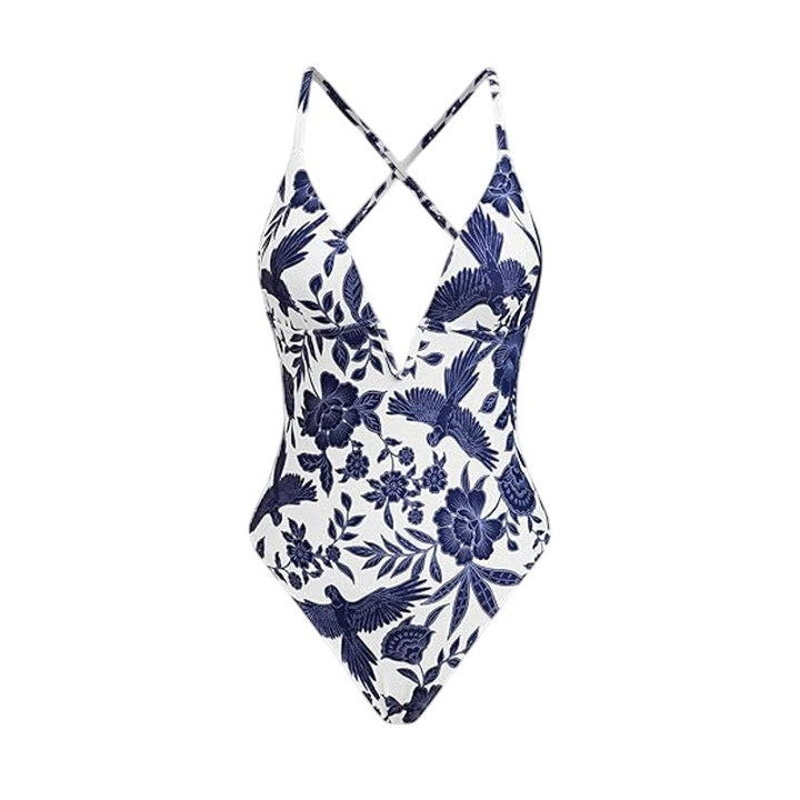 New Cupshe Womens Small Floral Plunge Neck Crisscross Strap One Piece Swimsuit