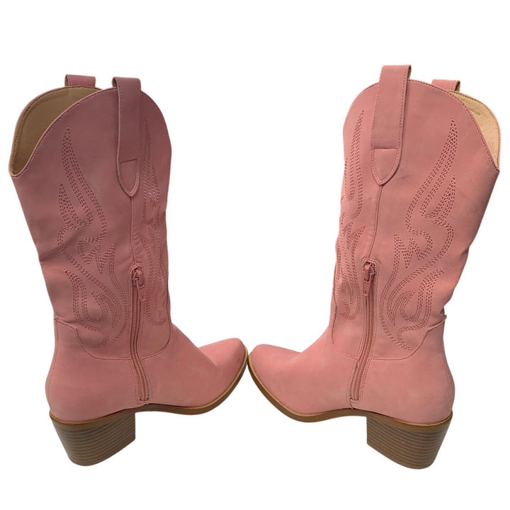 Womens Size 6 Pink Pointed Toe 2" Block Heel Pull On Embroidered Cowboy Boots