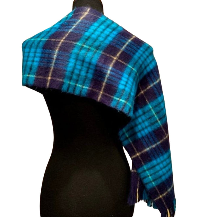 Handmade Upcycled Cashmere Feel Acrylic Soft Blue Plaid Warm Poncho Wrap