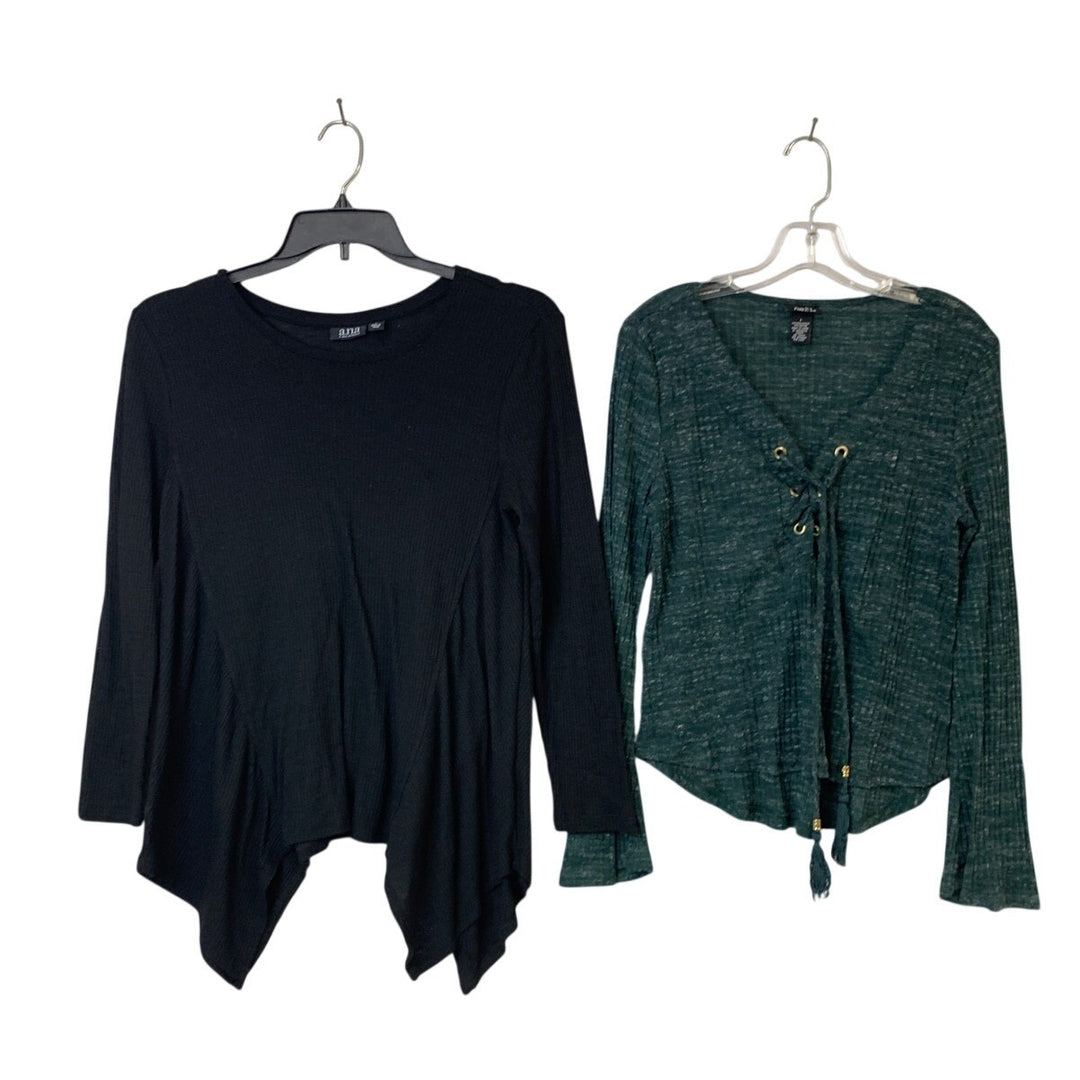 Lot of 2 Ana Rue 21 Womens Large Long Sleeve Green Black Ribbed Laced Up Tops