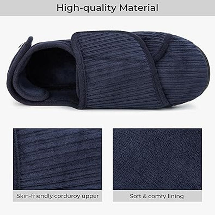 HomeTop Womens Size 10 Navy Blue Corduroy Adjustable Hook Loop Diabetic Slippers
