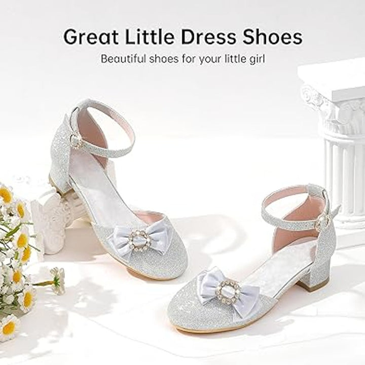 Motasha Big Girls Size 1 Silver Glitter Ankle Strap 1" Heel Wedding Dressy Shoes