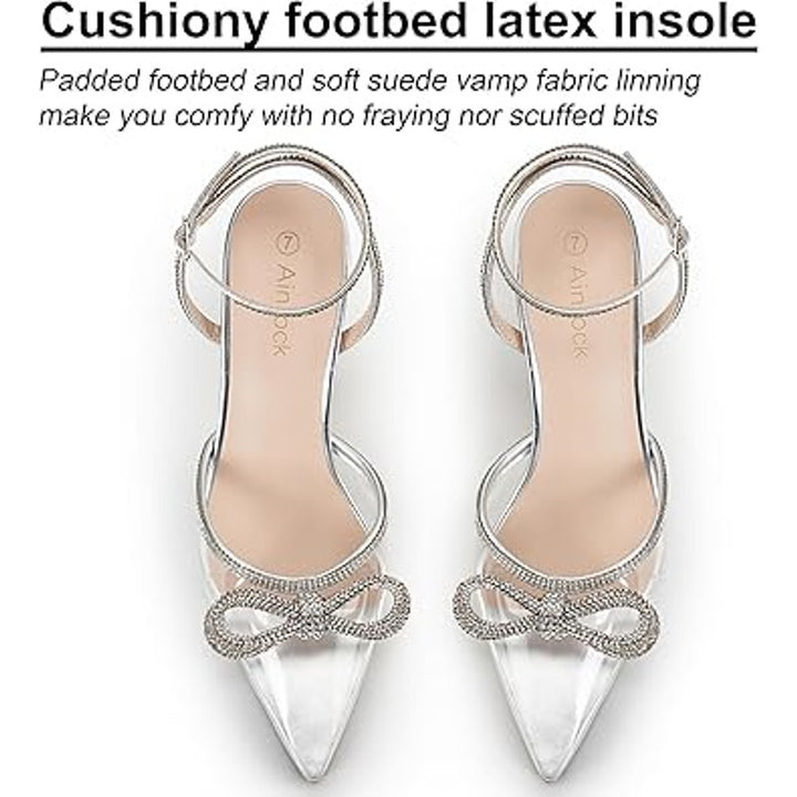 Ainrock Womens Size 8.5 SIlver Rhinestone Clear Strap Bow Wedding 3.5" Heels