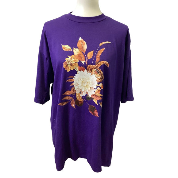 Hand Printed Upcycled XL Fall Leaves Floral Harvest Bouquet Short Sleeve Tee