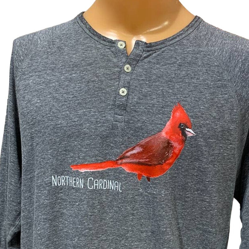 Wingspan Inspired Mens Large Hand Printed Cardinal Red Bird Upcycled Henley Tee