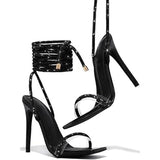 Womens Size 9.5 Black Rhinestone Ankle Wrap 5" Heel Open Toe Sandal Shoes