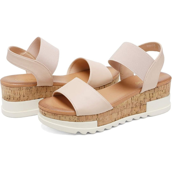 Dream Pairs Womens 8.5 Tan Elastic Ankle Strap Open Toe 2.5" Platform Sandals