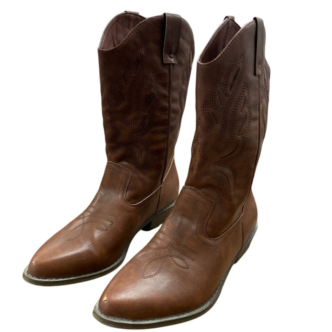 Womens Size 10 Brown Faux Leather 1.5" Block Heel Pull On Western Cowboy Boots