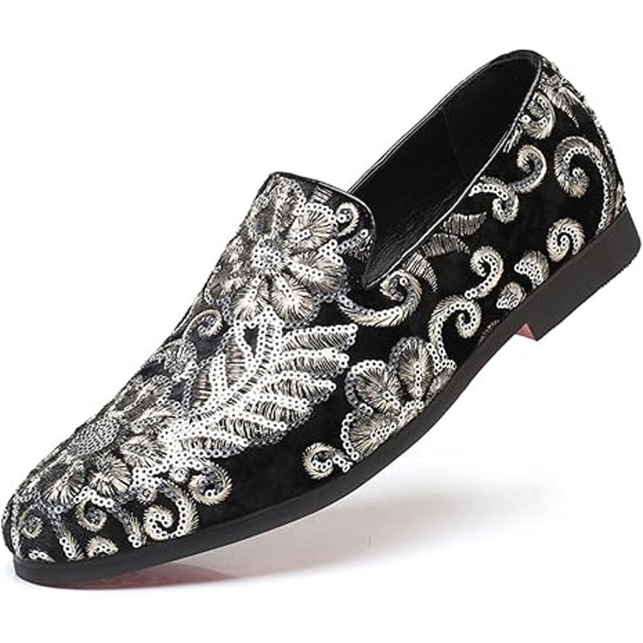 Venshine Mens Size 9.5 Black Velvet Silver Sequin Slide On Formal Loafer Shoes