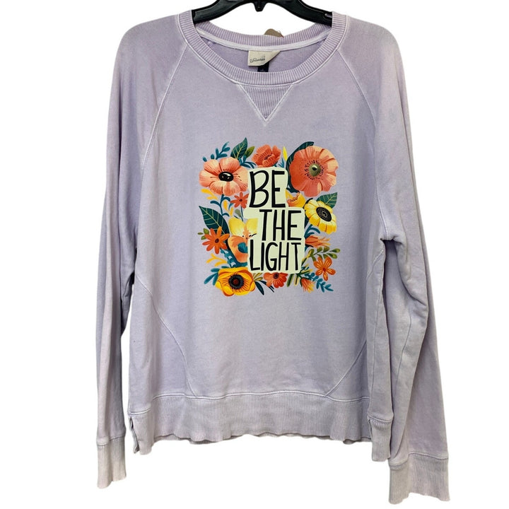 Upcycled Hand Printed Womens Large Be The Light Floral Long Sleeve Sweatshirt