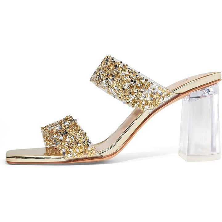 Genshuo Womens Size 9 Gold Silver Sparkle Clear 3.5" Heel Silde On OpenToe Shoes