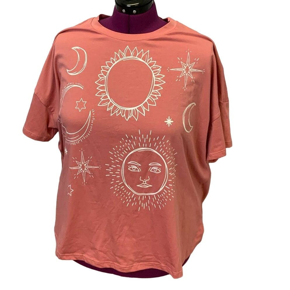 Shein 1X Short Sleeve Cotton Blend Crew Neck Celestial Moon Stars Tee Shirt