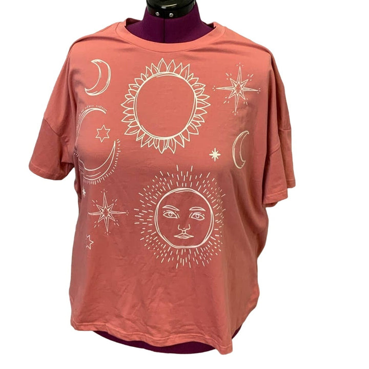 Shein 1X Short Sleeve Cotton Blend Crew Neck Celestial Moon Stars Tee Shirt