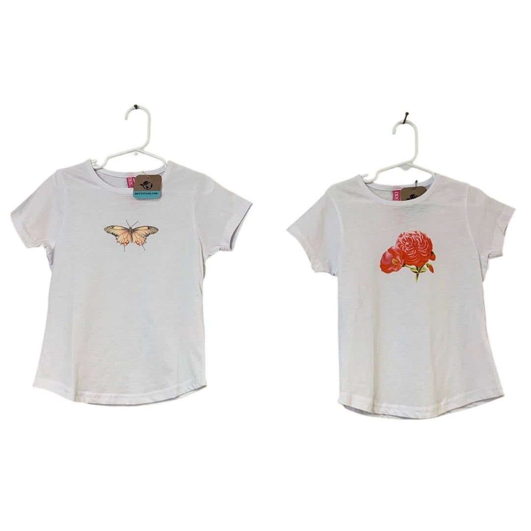 2 New Hand Printed Girls Size 6 Butterly Flower Short Sleeve Crew Neck T-Shirts