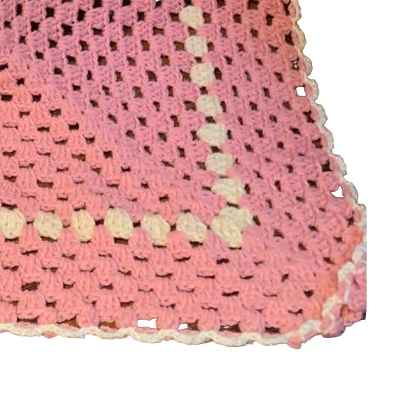 Handmade Pre-Loved Pastel Pink White Crocheted Baby Blanket Afghan Throw